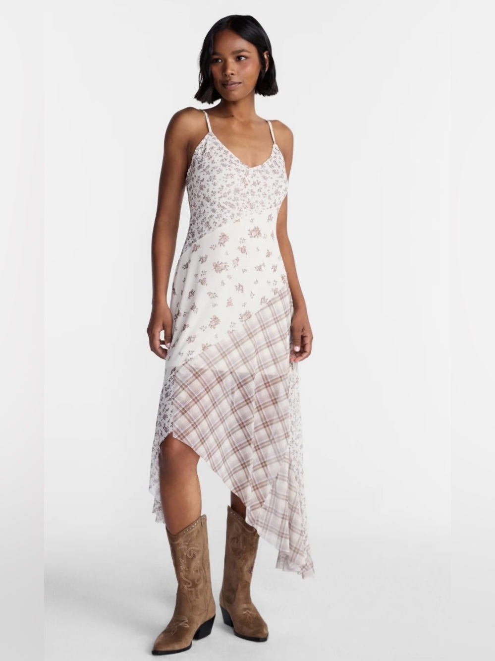 NWT No Boundaries Cream and Brown Asymmetrical Slip Dress